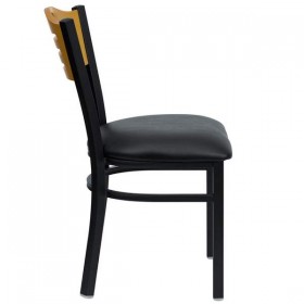 HERCULES Series Black Slat Back Metal Restaurant Chair - Natural Wood Back, Black Vinyl Seat [XU-DG-6G7B-SLAT-BLKV-GG]