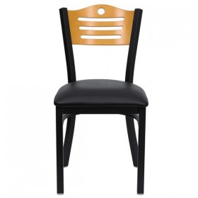 HERCULES Series Black Slat Back Metal Restaurant Chair - Natural Wood Back, Black Vinyl Seat [XU-DG-6G7B-SLAT-BLKV-GG]