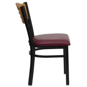 HERCULES Series Black Slat Back Metal Restaurant Chair - Natural Wood Back, Burgundy Vinyl Seat [XU-DG-6G7B-SLAT-BURV-GG]