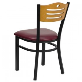 HERCULES Series Black Slat Back Metal Restaurant Chair - Natural Wood Back, Burgundy Vinyl Seat [XU-DG-6G7B-SLAT-BURV-GG]