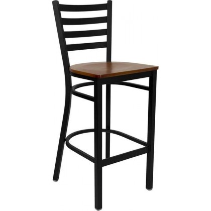 HERCULES Series Black Ladder Back Metal Restaurant Bar Stool - Cherry Wood Seat [XU-DG697BLAD-BAR-CHYW-GG]