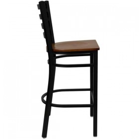 HERCULES Series Black Ladder Back Metal Restaurant Bar Stool - Cherry Wood Seat [XU-DG697BLAD-BAR-CHYW-GG]