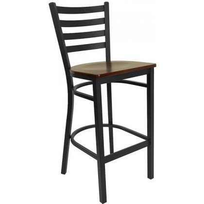 HERCULES Series Black Ladder Back Metal Restaurant Bar Stool - Mahogany Wood Seat [XU-DG697BLAD-BAR-MAHW-GG]
