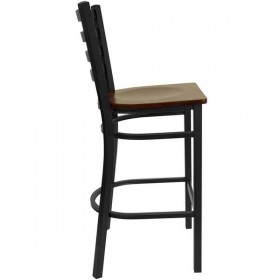 HERCULES Series Black Ladder Back Metal Restaurant Bar Stool - Mahogany Wood Seat [XU-DG697BLAD-BAR-MAHW-GG]