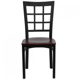 HERCULES Series Black Window Back Metal Restaurant Chair - Mahogany Wood Seat [XU-DG6Q3BWIN-MAHW-GG]