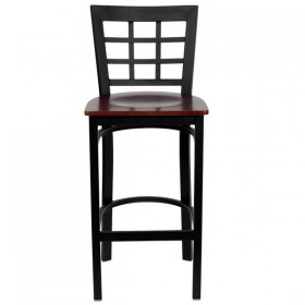 HERCULES Series Black Window Back Metal Restaurant Bar Stool - Mahogany Wood Seat [XU-DG6R7BWIN-BAR-MAHW-GG]