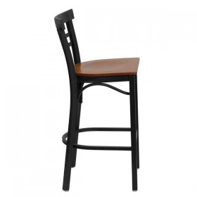 HERCULES Series Black Ladder Back Metal Restaurant Bar Stool - Cherry Wood Seat [XU-DG6R9BLAD-BAR-CHYW-GG]