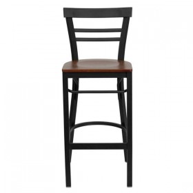 HERCULES Series Black Ladder Back Metal Restaurant Bar Stool - Cherry Wood Seat [XU-DG6R9BLAD-BAR-CHYW-GG]