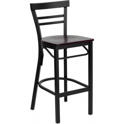 HERCULES Series Black Ladder Back Metal Restaurant Bar Stool - Mahogany Wood Seat [XU-DG6R9BLAD-BAR-MAHW-GG]