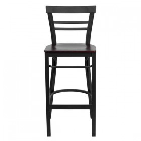HERCULES Series Black Ladder Back Metal Restaurant Bar Stool - Mahogany Wood Seat [XU-DG6R9BLAD-BAR-MAHW-GG]