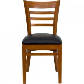 HERCULES Series Cherry Finished Ladder Back Wooden Restaurant Chair - Black Vinyl Seat [XU-DGW0005LAD-CHY-BLKV-GG]