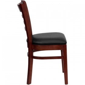 HERCULES Series Mahogany Finished Ladder Back Wooden Restaurant Chair - Black Vinyl Seat [XU-DGW0005LAD-MAH-BLKV-GG]