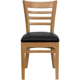 HERCULES Series Natural Wood Finished Ladder Back Wooden Restaurant Chair - Black Vinyl Seat [XU-DGW0005LAD-NAT-BLKV-GG]