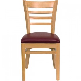HERCULES Series Natural Wood Finished Ladder Back Wooden Restaurant Chair - Burgundy Vinyl Seat [XU-DGW0005LAD-NAT-BURV-GG]