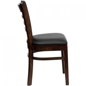 HERCULES Series Walnut Finished Ladder Back Wooden Restaurant Chair - Black Vinyl Seat [XU-DGW0005LAD-WAL-BLKV-GG]