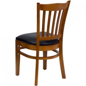 HERCULES Series Cherry Finished Vertical Slat Back Wooden Restaurant Chair - Black Vinyl Seat [XU-DGW0008VRT-CHY-BLKV-GG]