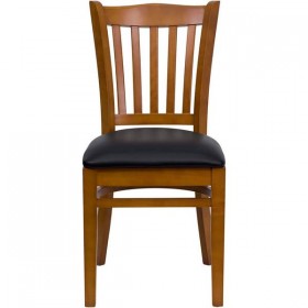 HERCULES Series Cherry Finished Vertical Slat Back Wooden Restaurant Chair - Black Vinyl Seat [XU-DGW0008VRT-CHY-BLKV-GG]