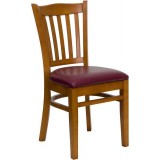 HERCULES Series Cherry Finished Vertical Slat Back Wooden Restaurant Chair - Burgundy Vinyl Seat [XU-DGW0008VRT-CHY-BURV-GG]