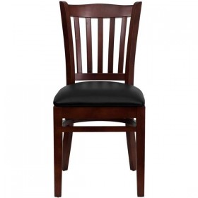 HERCULES Series Mahogany Finished Vertical Slat Back Wooden Restaurant Chair - Black Vinyl Seat [XU-DGW0008VRT-MAH-BLKV-GG]