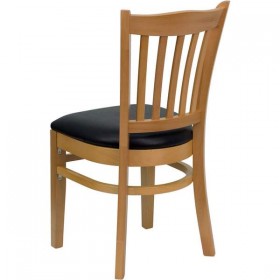 HERCULES Series Natural Wood Finished Vertical Slat Back Wooden Restaurant Chair - Black Vinyl Seat [XU-DGW0008VRT-NAT-BLKV-GG]