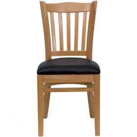 HERCULES Series Natural Wood Finished Vertical Slat Back Wooden Restaurant Chair - Black Vinyl Seat [XU-DGW0008VRT-NAT-BLKV-GG]