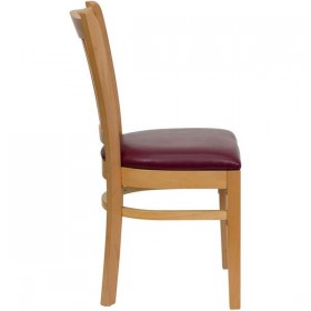 HERCULES Series Natural Wood Finished Vertical Slat Back Wooden Restaurant Chair - Burgundy Vinyl Seat [XU-DGW0008VRT-NAT-BURV-GG]