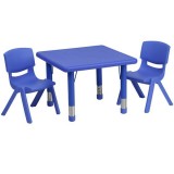 24'' Square Adjustable Blue Plastic Activity Table Set with 2 School Stack Chairs [YU-YCX-0023-2-SQR-TBL-BLUE-R-GG]