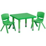 24'' Square Adjustable Green Plastic Activity Table Set with 2 School Stack Chairs [YU-YCX-0023-2-SQR-TBL-GREEN-R-GG]