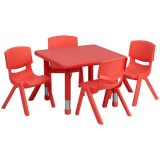 24'' Square Adjustable Red Plastic Activity Table Set with 4 School Stack Chairs [YU-YCX-0023-2-SQR-TBL-RED-E-GG]