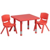 24'' Square Adjustable Red Plastic Activity Table Set with 2 School Stack Chairs [YU-YCX-0023-2-SQR-TBL-RED-R-GG]