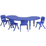 35''W x 65''L Adjustable Half-Moon Blue Plastic Activity Table Set with 4 School Stack Chairs [YU-YCX-0043-2-MOON-TBL-BLUE-E-GG]