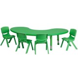 35''W x 65''L Adjustable Half-Moon Green Plastic Activity Table Set with 4 School Stack Chairs [YU-YCX-0043-2-MOON-TBL-GREEN-E-GG]
