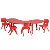 35''W x 65''L Adjustable Half-Moon Red Plastic Activity Table Set with 4 School Stack Chairs [YU-YCX-0043-2-MOON-TBL-RED-E-GG]