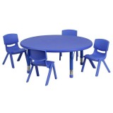 45'' Round Adjustable Blue Plastic Activity Table Set with 4 School Stack Chairs [YU-YCX-0053-2-ROUND-TBL-BLUE-E-GG]