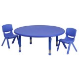 45'' Round Adjustable Blue Plastic Activity Table Set with 2 School Stack Chairs [YU-YCX-0053-2-ROUND-TBL-BLUE-R-GG]