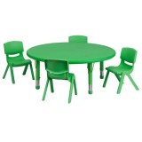 45'' Round Adjustable Green Plastic Activity Table Set with 4 School Stack Chairs [YU-YCX-0053-2-ROUND-TBL-GREEN-E-GG]