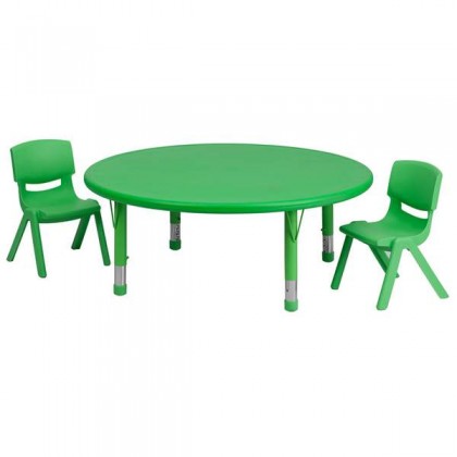 45'' Round Adjustable Green Plastic Activity Table Set with 2 School Stack Chairs [YU-YCX-0053-2-ROUND-TBL-GREEN-R-GG]
