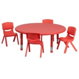 45'' Round Adjustable Red Plastic Activity Table Set with 4 School Stack Chairs [YU-YCX-0053-2-ROUND-TBL-RED-E-GG]