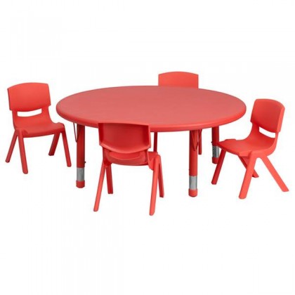 45'' Round Adjustable Red Plastic Activity Table Set with 4 School Stack Chairs [YU-YCX-0053-2-ROUND-TBL-RED-E-GG]