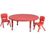 45'' Round Adjustable Red Plastic Activity Table Set with 2 School Stack Chairs [YU-YCX-0053-2-ROUND-TBL-RED-R-GG]