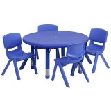 33'' Round Adjustable Blue Plastic Activity Table Set with 4 School Stack Chairs [YU-YCX-0073-2-ROUND-TBL-BLUE-E-GG]
