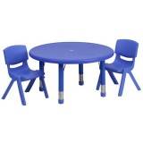 33'' Round Adjustable Blue Plastic Activity Table Set with 2 School Stack Chairs [YU-YCX-0073-2-ROUND-TBL-BLUE-R-GG]