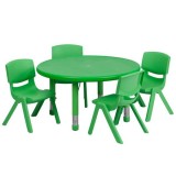33'' Round Adjustable Green Plastic Activity Table Set with 4 School Stack Chairs [YU-YCX-0073-2-ROUND-TBL-GREEN-E-GG]