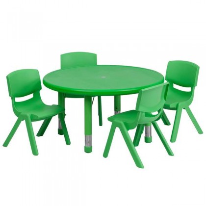33'' Round Adjustable Green Plastic Activity Table Set with 4 School Stack Chairs [YU-YCX-0073-2-ROUND-TBL-GREEN-E-GG]