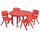 33'' Round Adjustable Red Plastic Activity Table Set with 4 School Stack Chairs [YU-YCX-0073-2-ROUND-TBL-RED-E-GG]