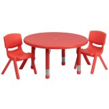 33'' Round Adjustable Red Plastic Activity Table Set with 2 School Stack Chairs [YU-YCX-0073-2-ROUND-TBL-RED-R-GG]